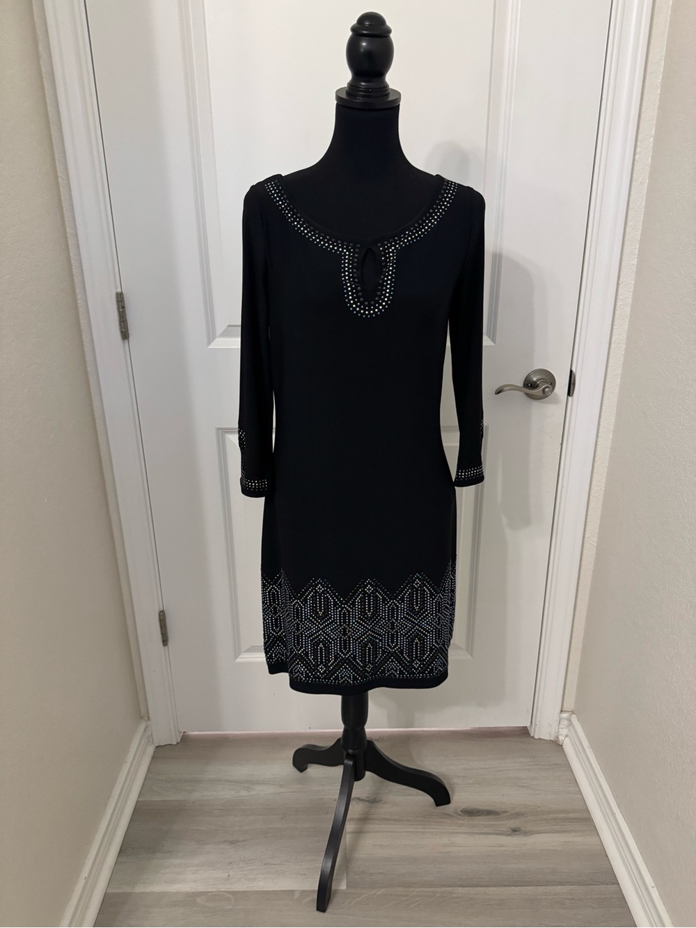 White House Black Market Black Long-Sleeve Embellished Shift Dress
